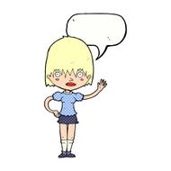 cartoon waving woman with speech bubble N169