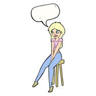 cartoon pretty girl on stool with speech bubble N10
