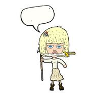 cartoon woman with knife and harpoon speech bubble N12