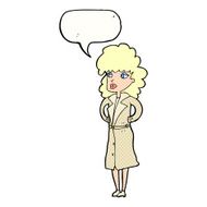 cartoon woman in trench coat with speech bubble N35