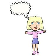 cartoon happy woman pointing with speech bubble N82