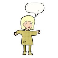 cartoon woman in patched clothing with speech bubble N12