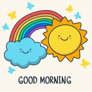 Sketching smiling sun cloud and rainbow Vector cartoon background