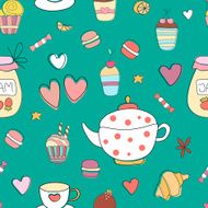 Cute cartoon vintage seamless pattern with teapot cup cupcakes