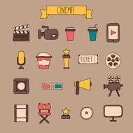 Set of movie elements and cinema icons in doodle style