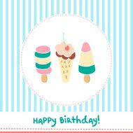 Greeting card with cute ice creams on striped background