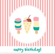 Greeting card with cute ice creams on striped background N2