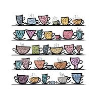 Ornate mugs on shelves sketch for your design