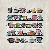 Ornate mugs on shelves grunge background