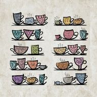 Ornate mugs on shelves grunge background N2