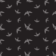 Vector black and white swallow birds seamless pattern