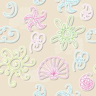 Seamless summer patter with sun cloud crescent starfish seas