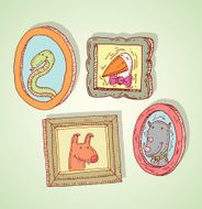 Set picture frames with animals portrait hand drawn vector illustration N5