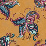Hand-drawn butterfly on ornamental background Vector illustrat