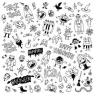 Halloween creatures doodle mega set Hand drawn vector illustration
