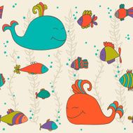 Funny seamless pattern with colorful cute whales and fishes