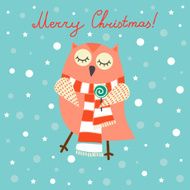 Vintage Christmas illustration with cute owl scarf and lollipop