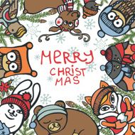 Christmas greeting card Funny animals birds spruce N2