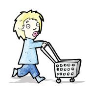 cartoon woman pushing shopping trolley