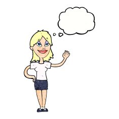 cartoon woman waving with thought bubble N354