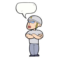 cartoon security guard with speech bubble N11