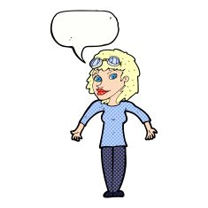 cartoon woman wearing goggles with speech bubble N12