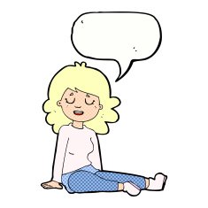 cartoon happy woman sitting on floor with speech bubble N23