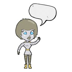 cartoon robot woman waving with speech bubble N23
