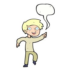 cartoon happy boy pointing with speech bubble N24