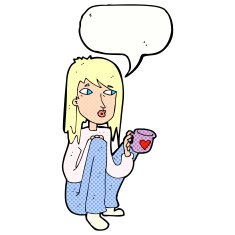 cartoon woman sitting with cup of coffee speech bubble N12
