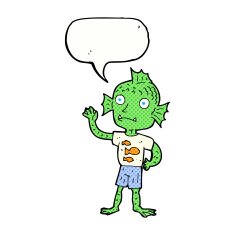 cartoon waving fish boy with speech bubble N12