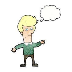cartoon waving man with thought bubble N42