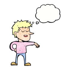 cartoon man making dismissive gesture with thought bubble N20