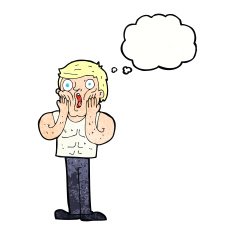 cartoon shocked gym man with thought bubble N20