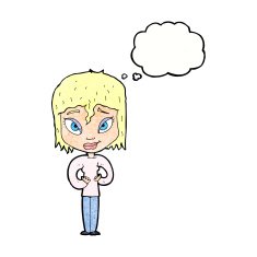cartoon satisfied woman with thought bubble N11