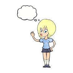 cartoon pretty woman waving with thought bubble N95