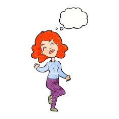 cartoon happy woman dancing with thought bubble N10
