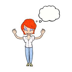 cartoon pretty woman with hands in air thought bubble N11