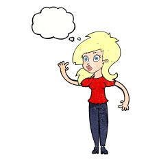 cartoon pretty woman waving with thought bubble N96