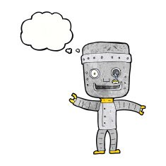 cartoon funny old robot with thought bubble N11