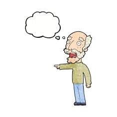 cartoon scared old man pointing with thought bubble N11