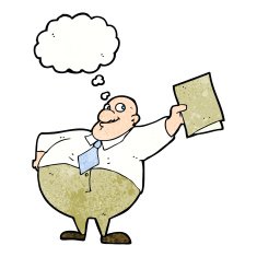 cartoon happy boss with file thought bubble N11