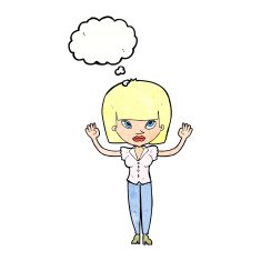 cartoon woman with raised hands thought bubble N11