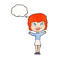 cartoon woman waving arms with thought bubble N21