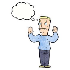 cartoon man surrendering with thought bubble N11