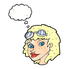 cartoon happy woman wearing aviator goggles with thought bubble N11