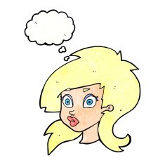 cartoon pretty surprised woman with thought bubble N10