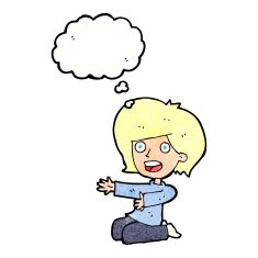 cartoon shocked woman on knees with thought bubble N10