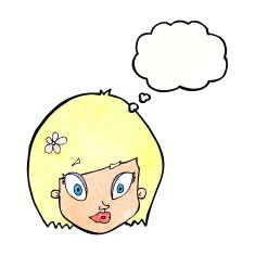 cartoon happy female face with thought bubble N196