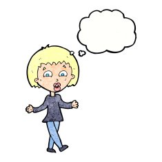 cartoon woman shrugging shoulders with thought bubble N522